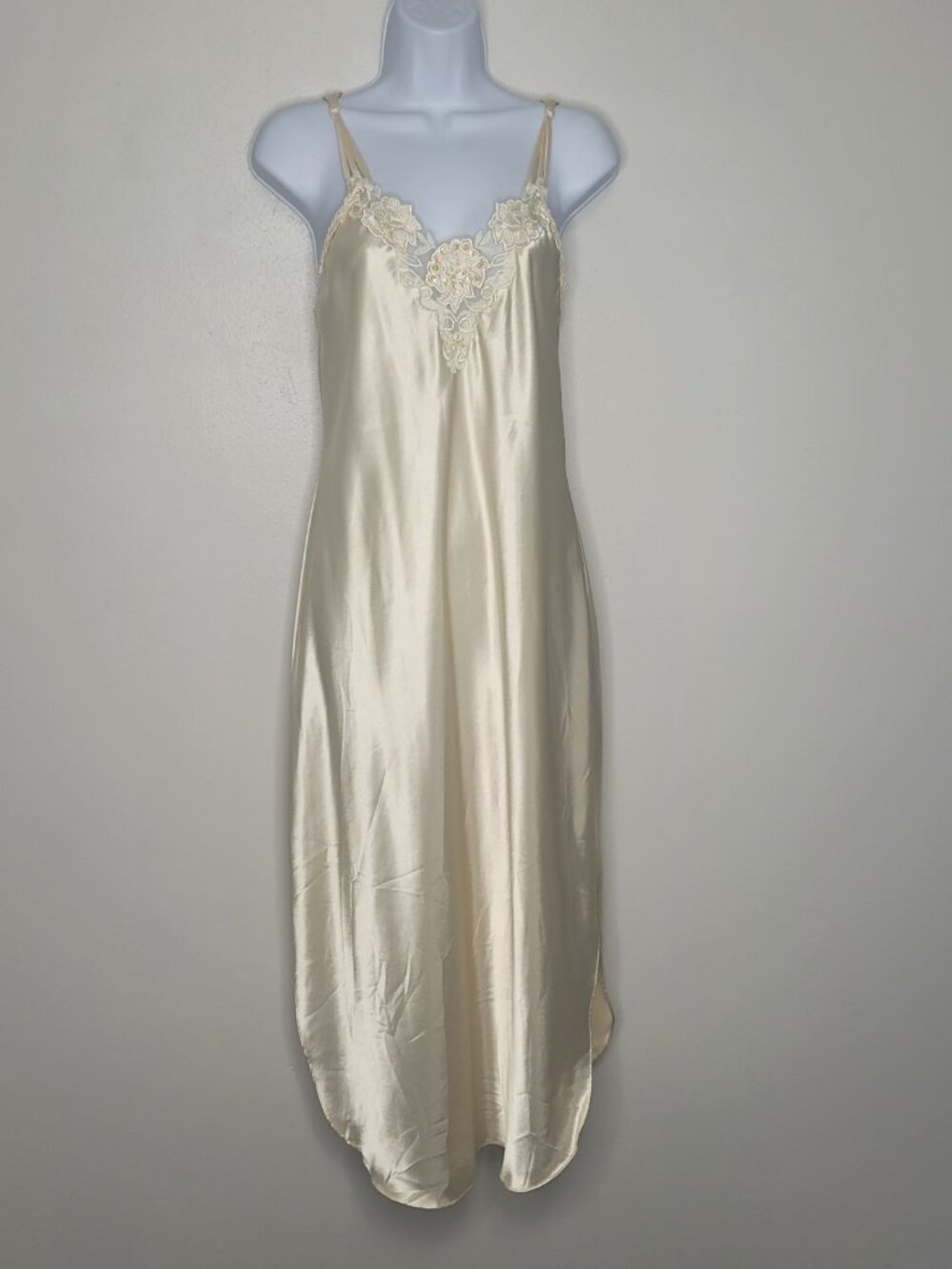 Vintage 90s Private Luxuries Ivory Satin Lace beaded coquette slip dress size M